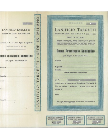 LANIFICIO TARGETTI - BUONO PROVVISORIO DI AZIONI MILANO 1949
