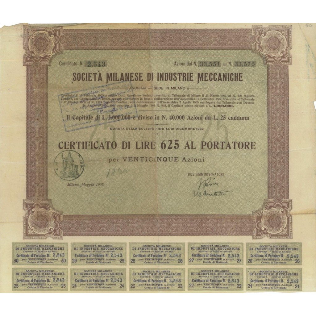 SOC. MILANESE DI INDUSTRIE MECCANICHE - 25 AZIONI MILANO 1905