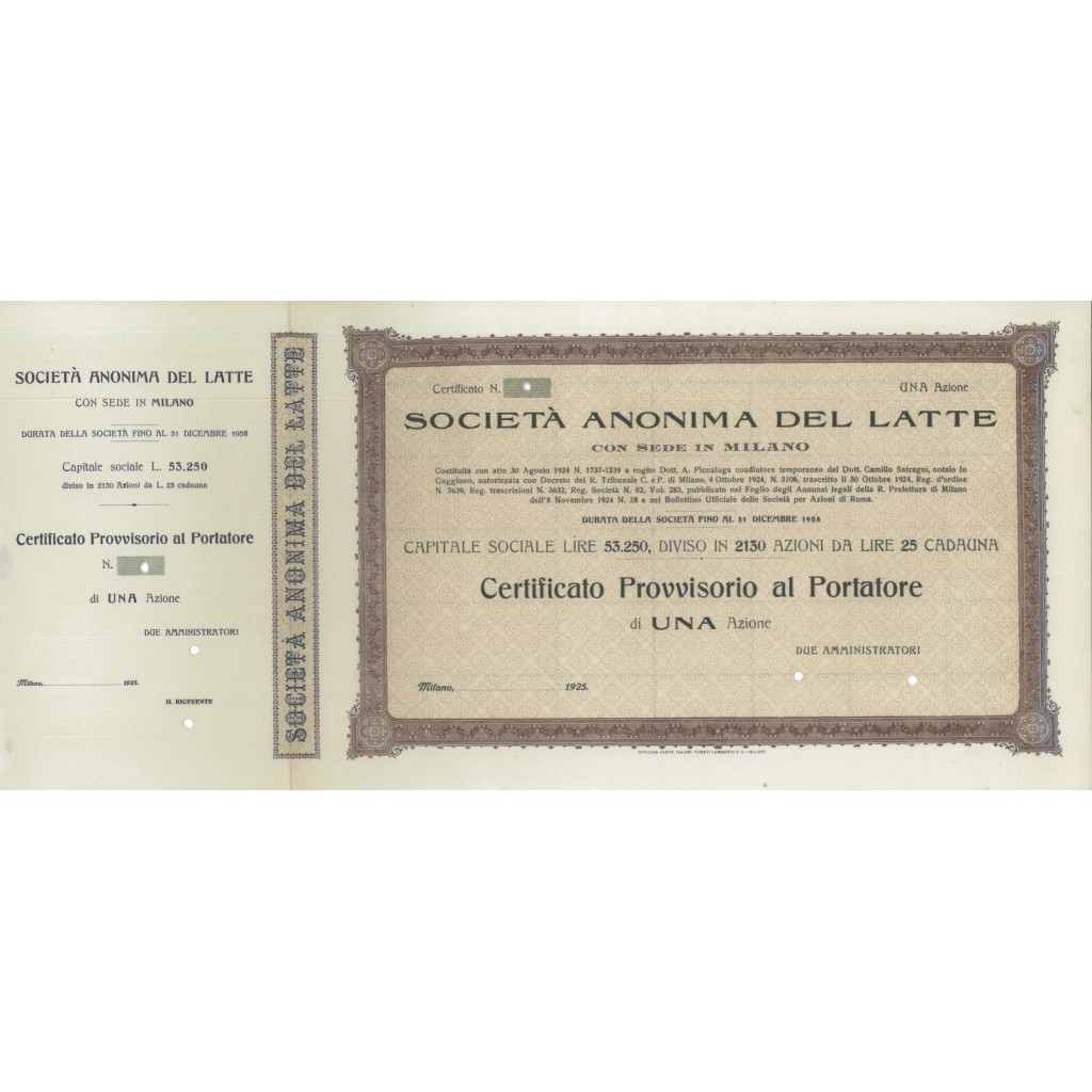 SOC. ANON. DEL LATTE - UNA AZIONE MILANO 1925
