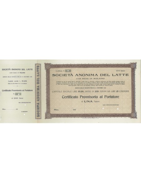 SOC. ANON. DEL LATTE - UNA AZIONE MILANO 1925