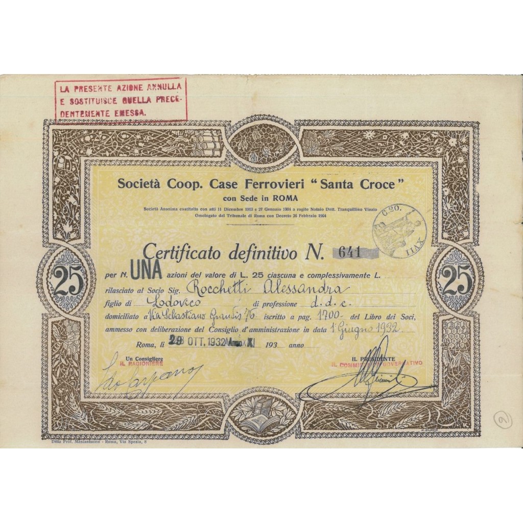 SOC. COOP. CASE FERROVIERI SANTA CROCE - UNA AZIONE ROMA 1932