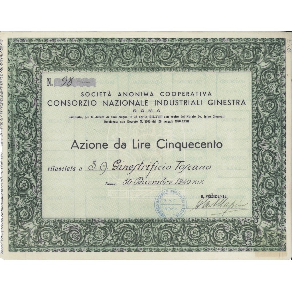 SOC. ANON. COOP. CONS. NAZ. INDUSTRIALI GINESTRA 1 AZIONE ROMA 1940