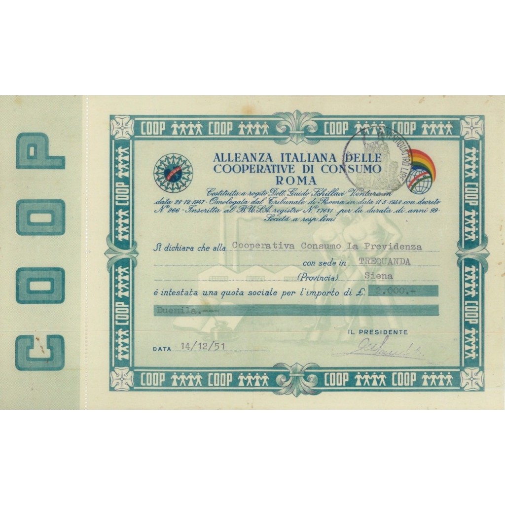 ALLEANZA ITALIANA DELLE COOP. DI CONSUMO - QUOTA SOCIALE - ROMA 1951