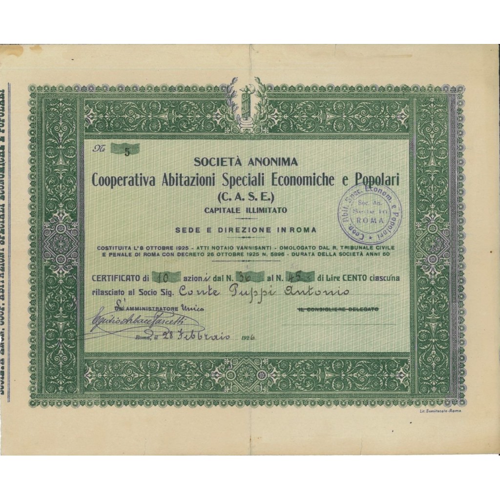 SOC. ANON.COOP. ABITAZIONI SPEC. ECON. E POPOLARI - 10 AZIONI ROMA 1926