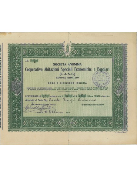 SOC. ANON.COOP. ABITAZIONI SPEC. ECON. E POPOLARI - 10 AZIONI ROMA 1926