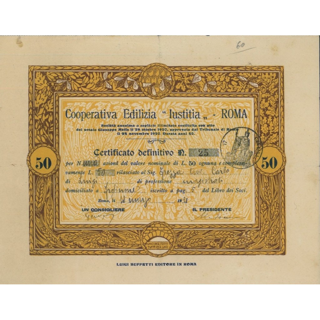 COOP. EDILIZIA IUSTITIA - UNA AZIONE ROMA 1921