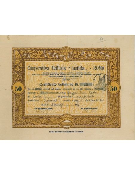 COOP. EDILIZIA IUSTITIA - UNA AZIONE ROMA 1921