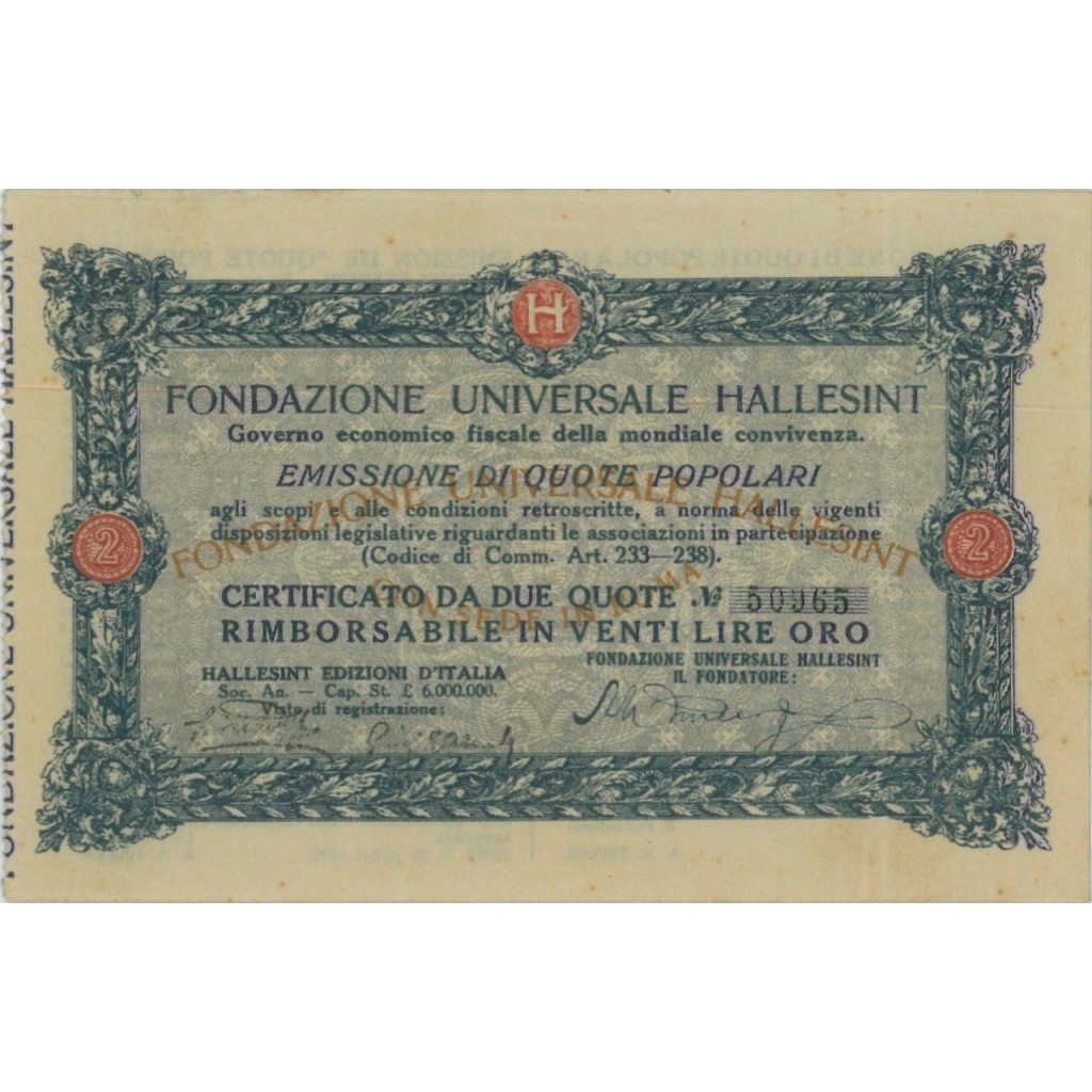 FONDAZIONE UNIVERSALE HALLESINT - 2 QUOTE ROMA 1922