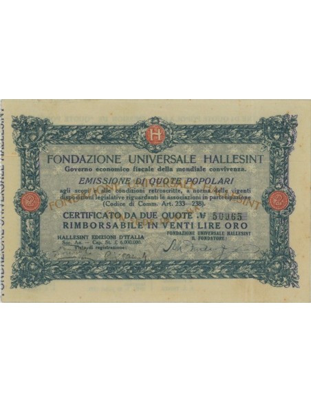 FONDAZIONE UNIVERSALE HALLESINT - 2 QUOTE ROMA 1922