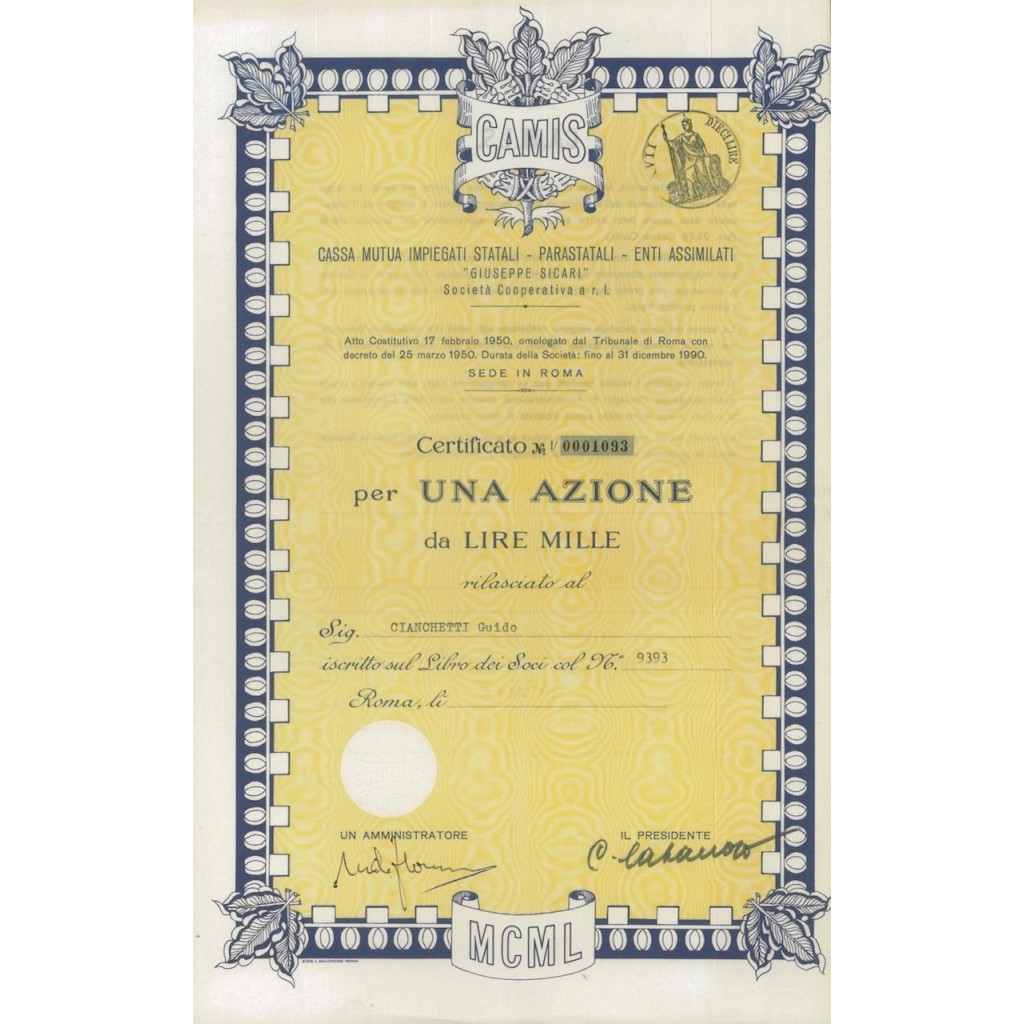 CAMIS - UNA AZIONE DA LIRE 1000 ROMA 1950
