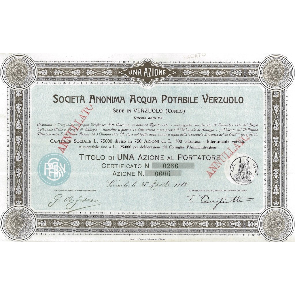 SOC. ANON. ACQUA POTABILE VERZUOLO 1 AZIONE 1912
