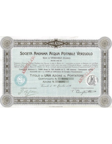 SOC. ANON. ACQUA POTABILE VERZUOLO 1 AZIONE 1912