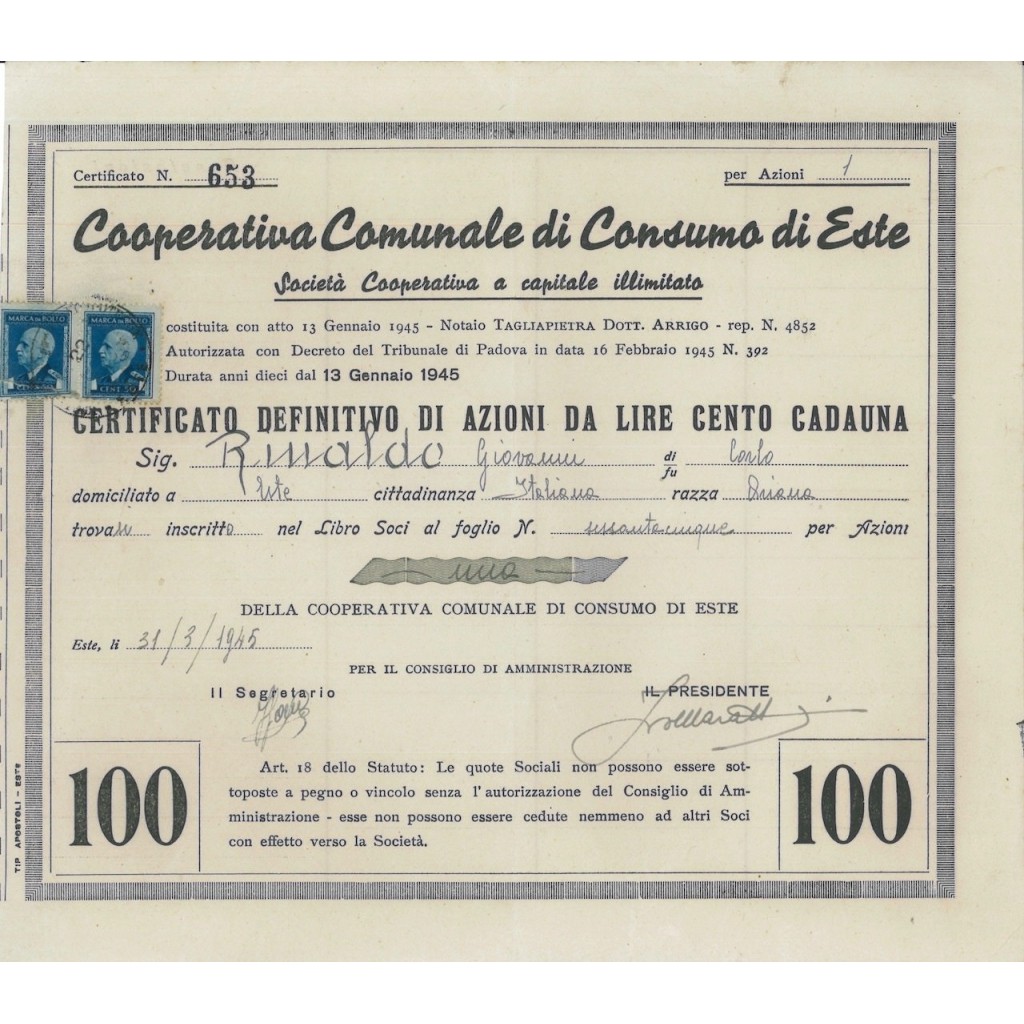 COOP. COMUNALE DI CONSUMO DI ESTE - 65 AZIONI - ESTE 1945