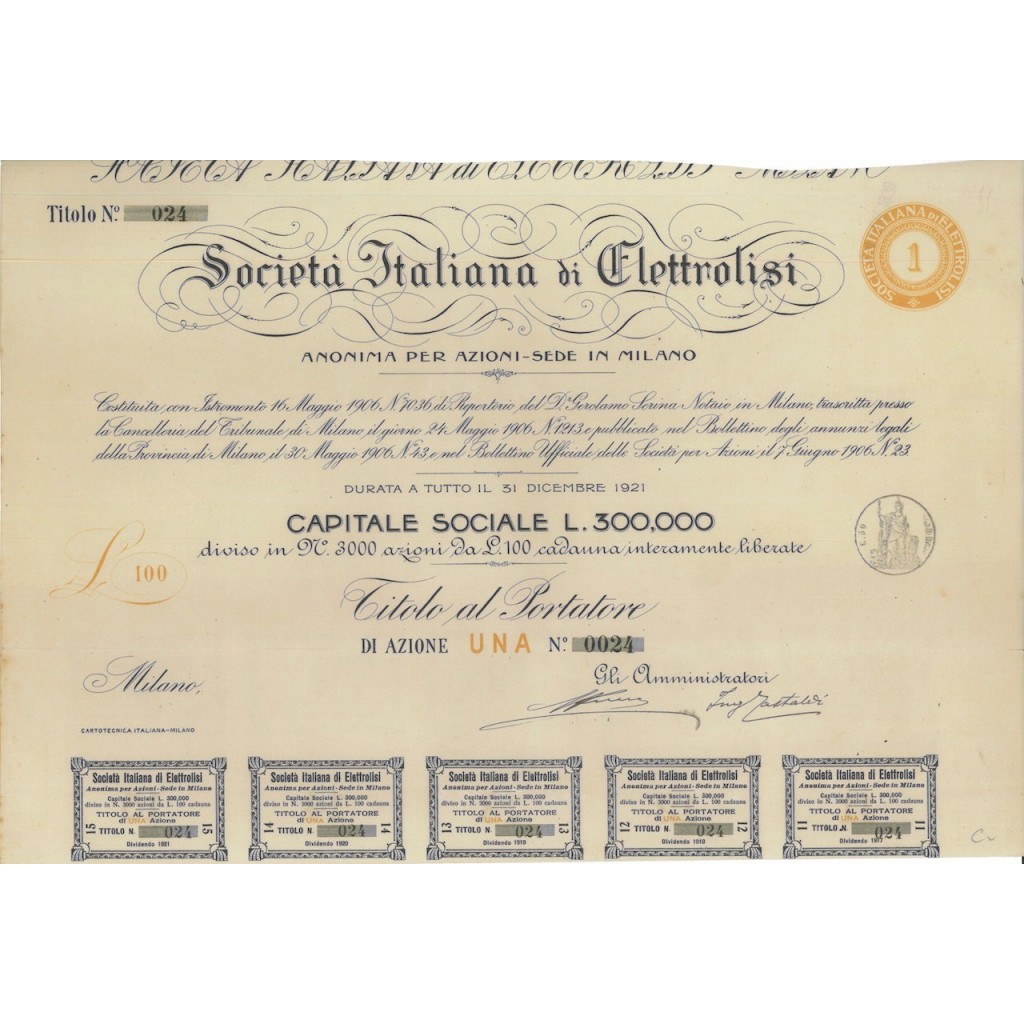 SOC. ITALIANA DI ELETTROLISI - UNA AZIONE - MILANO 1906