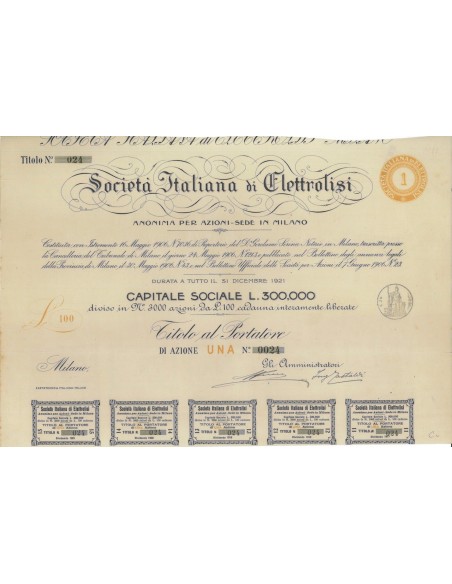 SOC. ITALIANA DI ELETTROLISI - UNA AZIONE - MILANO 1906