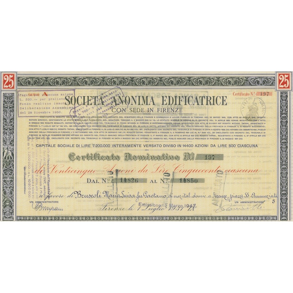 SOC. ANON. EDIFICATRICE 25 AZIONI FIRENZE 1947