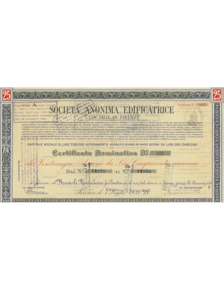 SOC. ANON. EDIFICATRICE 25 AZIONI FIRENZE 1947