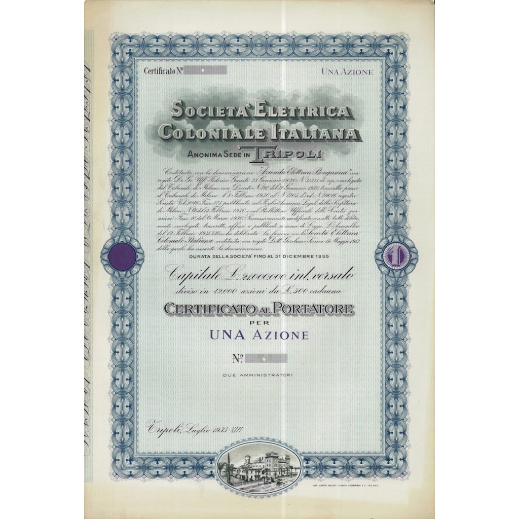 SOC. ELETTRICA COLONIALE ITALIANA - 1 AZIONE - TRIPOLI 1935