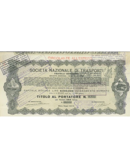 SOCIETÀ NAZIONALE DI TRASPORTI FRATELLI GONDRAND 1 AZIONE MILANO 1934