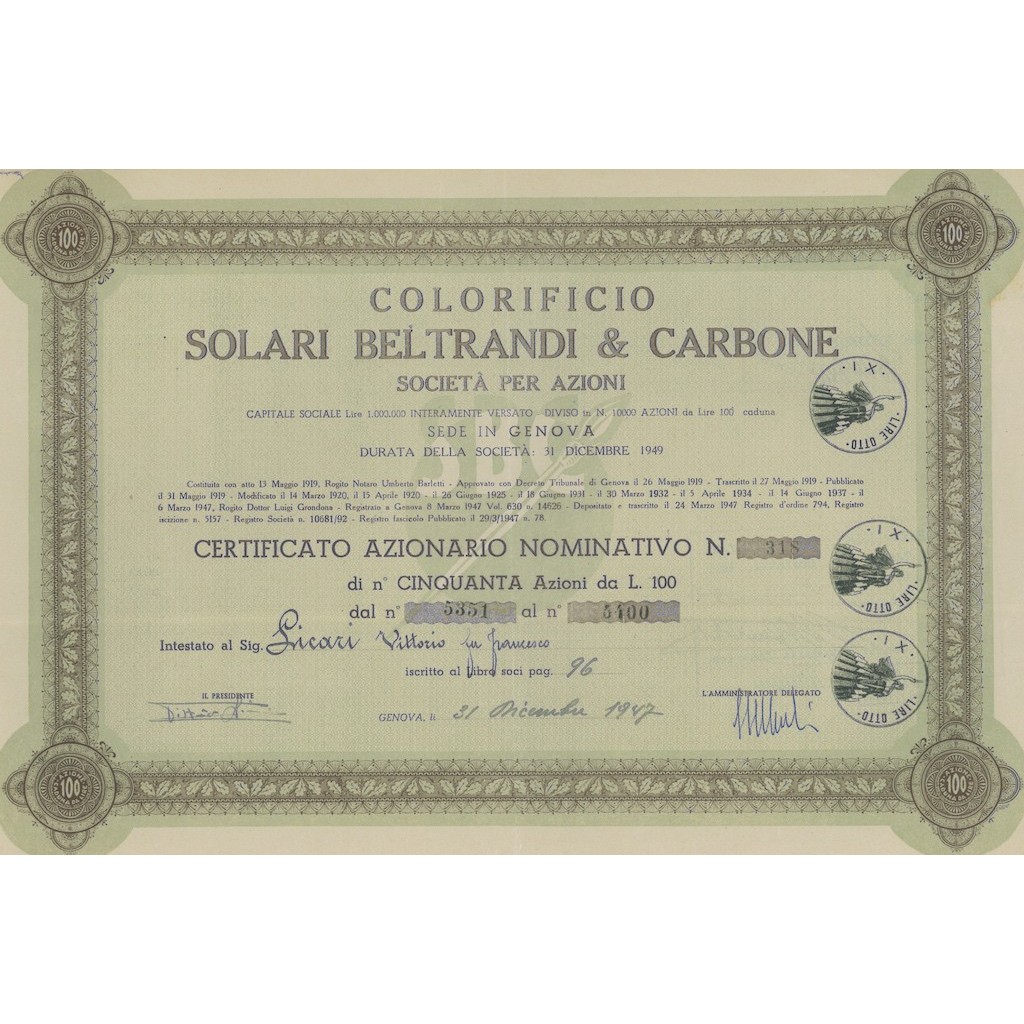 COLORIFICIO SOLARI BELTRANDI & CARBONE 50 AZIONI GENOVA 1947