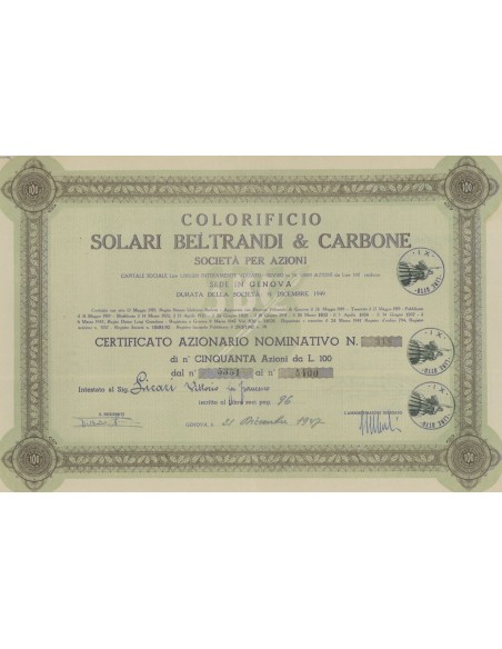 COLORIFICIO SOLARI BELTRANDI & CARBONE 50 AZIONI GENOVA 1947