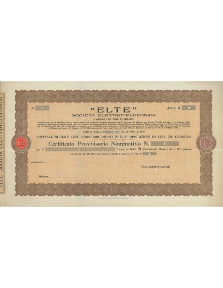 ELTE SOC. ELETTROTELEFONICA - AZIONI MILANO 1928