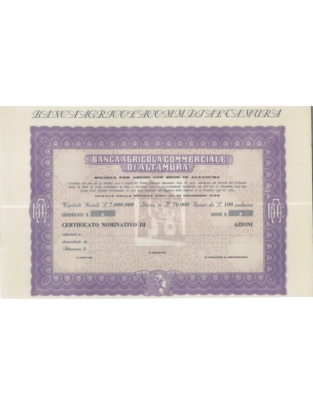 BANCA AGRICOLA COMMERCIALE DI ALTAMURA - AZIONI 1922