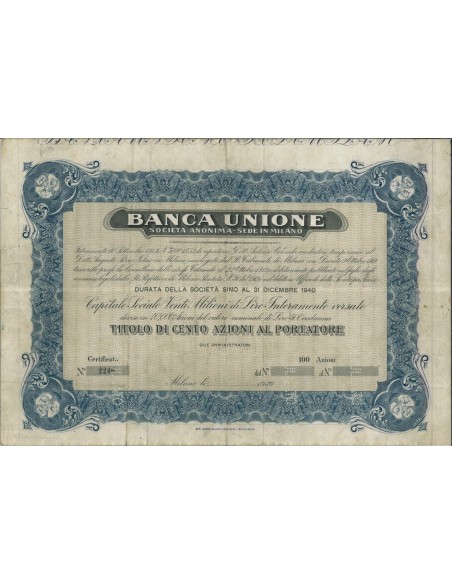 BANCA UNIONE - 100 AZIONI - MILANO 1930