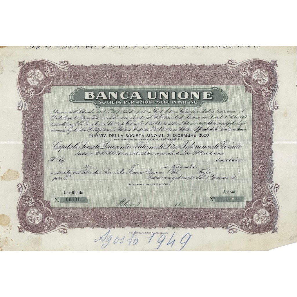 BANCA UNIONE - AZIONI - MILANO 1919