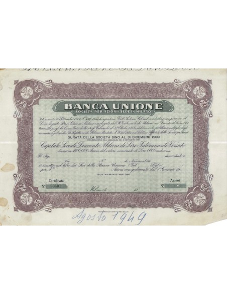 BANCA UNIONE - AZIONI - MILANO 1919