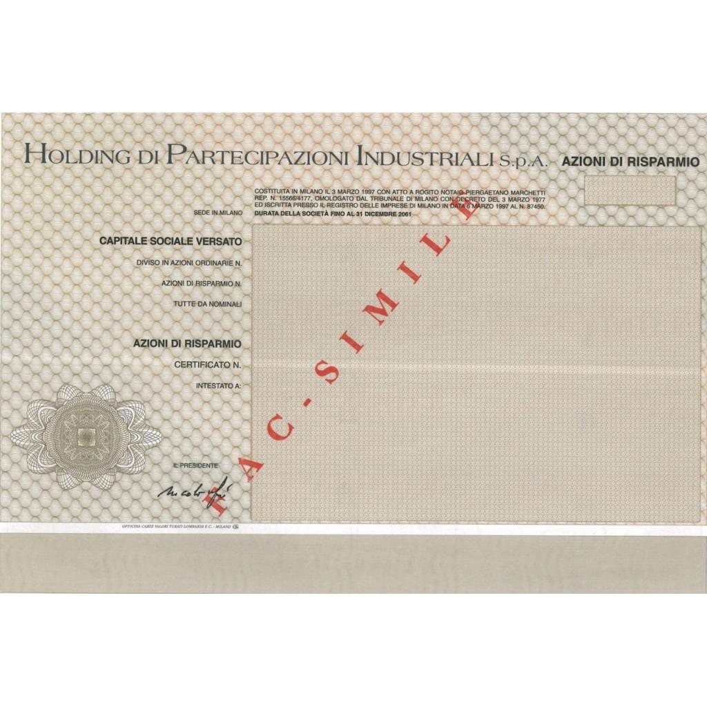 HOLDING DI PARTECIPAZIONI INDUSTRIALI SPA - AZIONI MILANO 1997