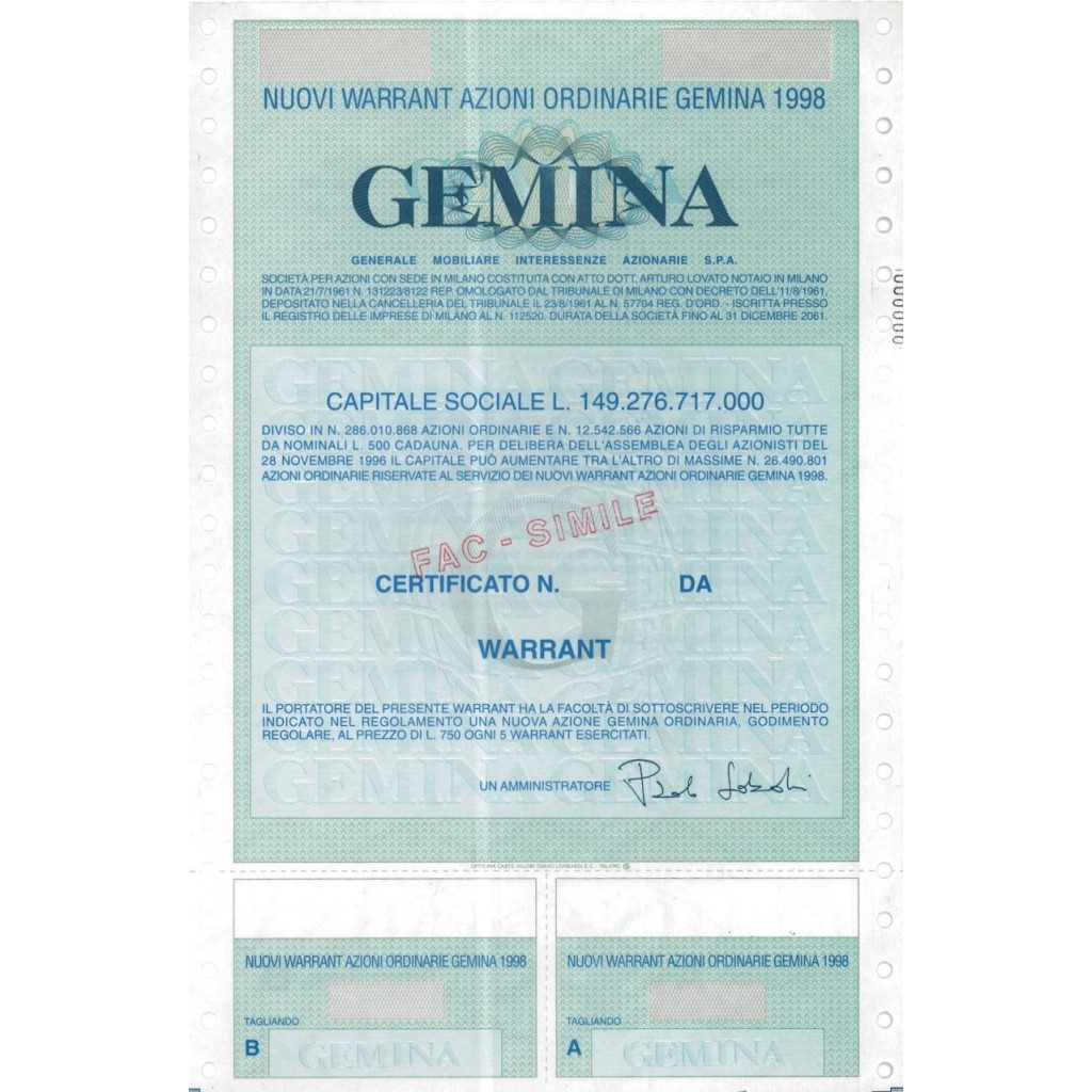 GEMINA - WARRANT AZIONI ORDINARIE MILANO 1998