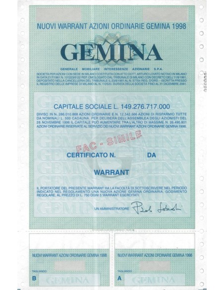 GEMINA - WARRANT AZIONI ORDINARIE MILANO 1998