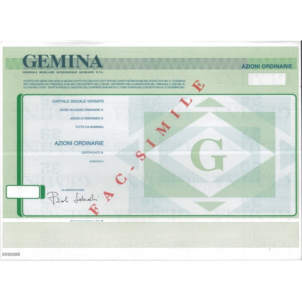 GEMINA - AZIONI ORDINARIE MILANO 1961