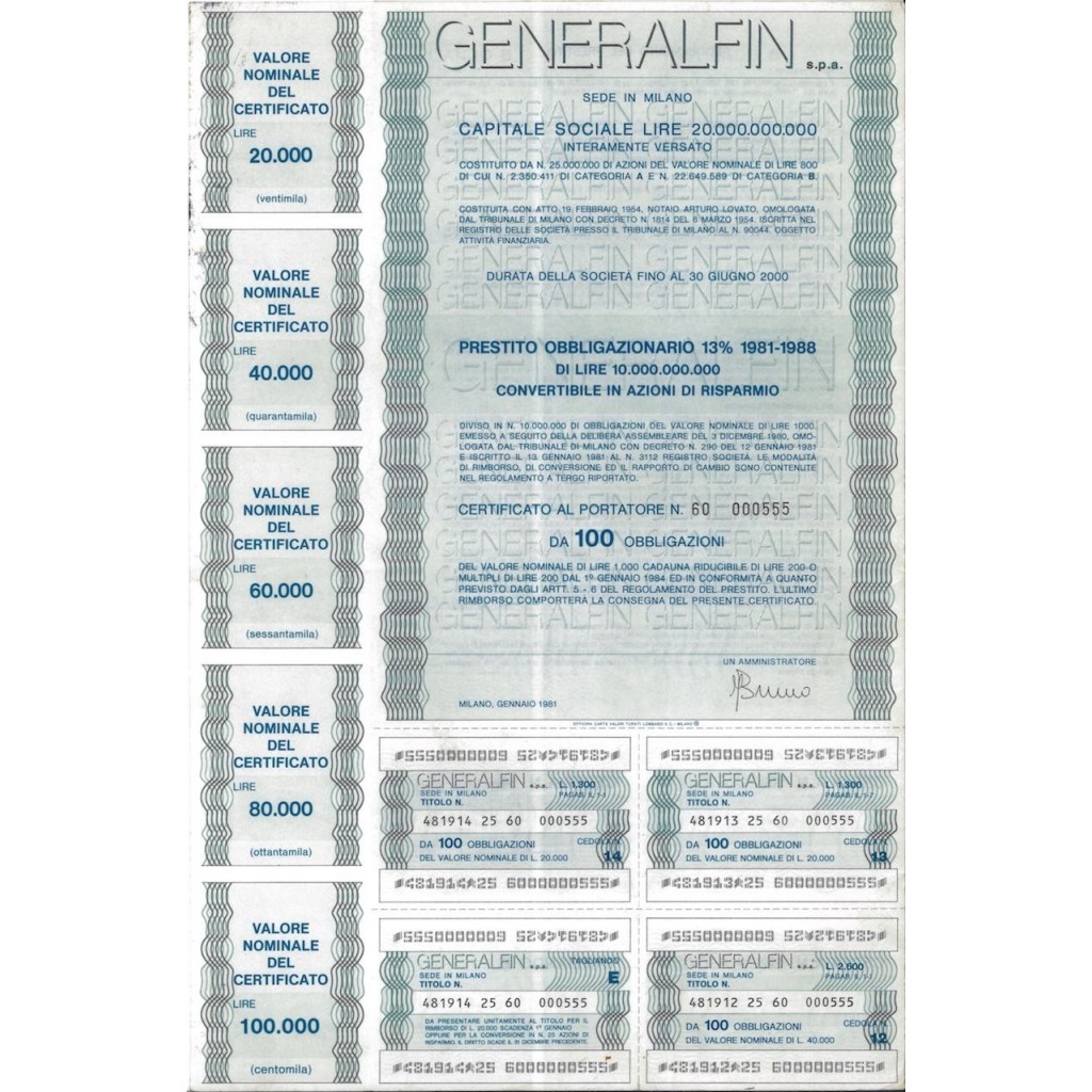 GENERALFIN SPA - 100 OBBLIGAZIONI MILANO 1981