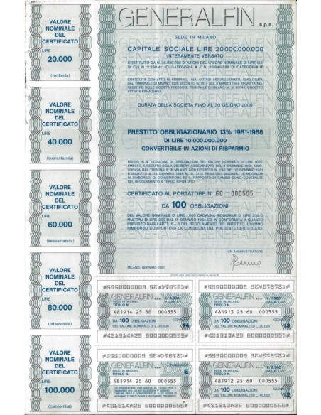 GENERALFIN SPA - 100 OBBLIGAZIONI MILANO 1981