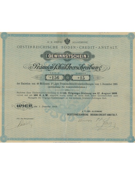 OESTERREICHISCHE BODEN CREDIT ANSALT GEWINNSTSCHEIN ZUR PRAMIEN-SCHULDVERSCHREIBUNG