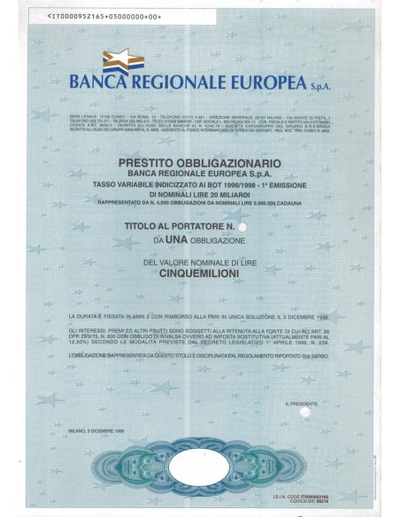 BANCA REGIONALE EUROPEA - 1 OBBLIG. MILANO 1996