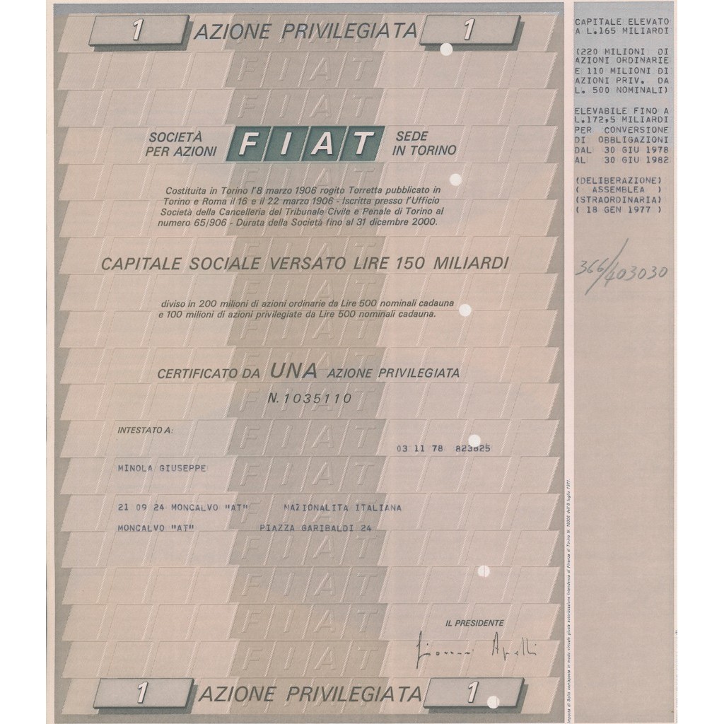 FIAT 1 AZIONE PRIVILEGIATA TORINO 1972