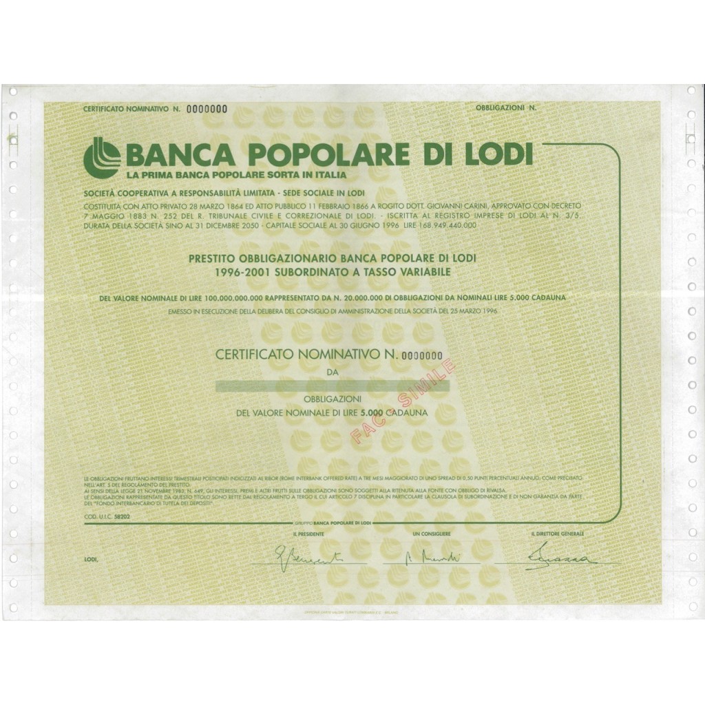 BANCA POP. DI LODI - OBBLIGAZIONI LODI 1996-2001