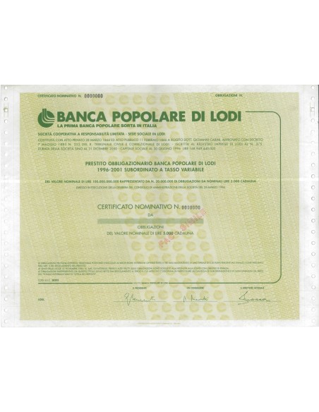 BANCA POP. DI LODI - OBBLIGAZIONI LODI 1996-2001