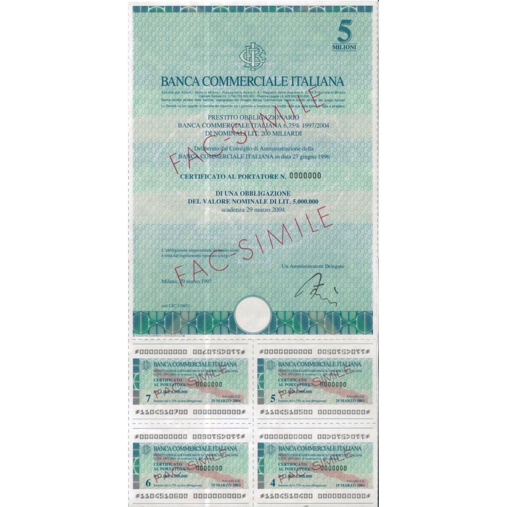 BANCA COMMERCIALE ITALIANA - 1 OBBLIGAZIONE 6,75% - MILANO 1997