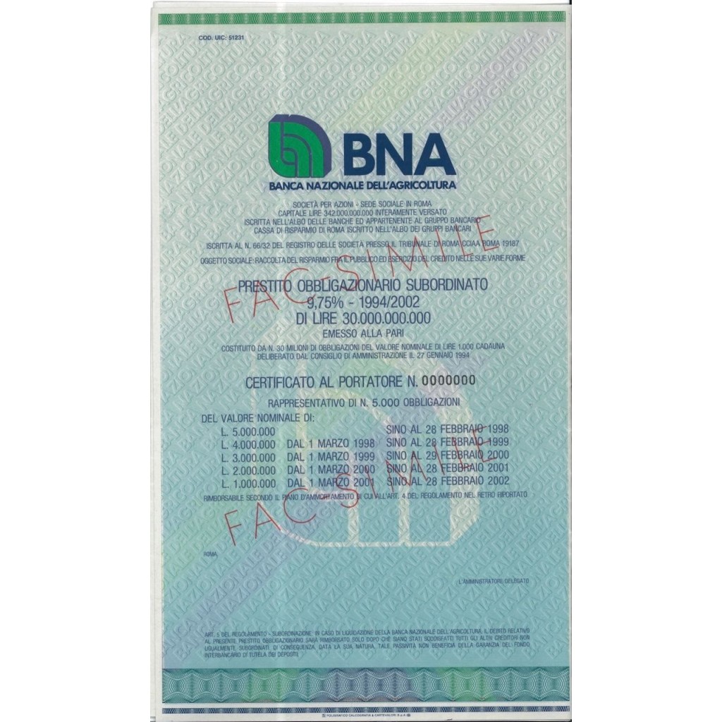 BNA BANCA NAZ. DELL'AGRICOLTURA OBBLIGAZ. 9,75% 1994/2002