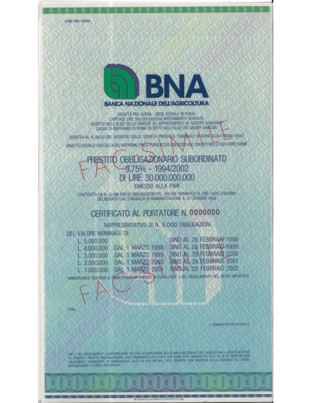 BNA BANCA NAZ. DELL'AGRICOLTURA OBBLIGAZ. 9,75% 1994/2002
