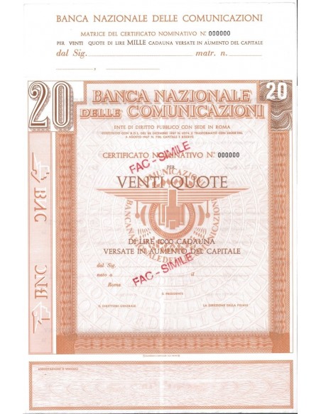 BANCA NAZIONALE DELLE COMUNICAZIONI - 20 QUOTE ROMA 1927