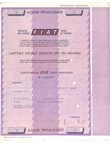FIAT CERTIFICATO DA DUE AZIONI PRIVILEGIATE TORINO 1972