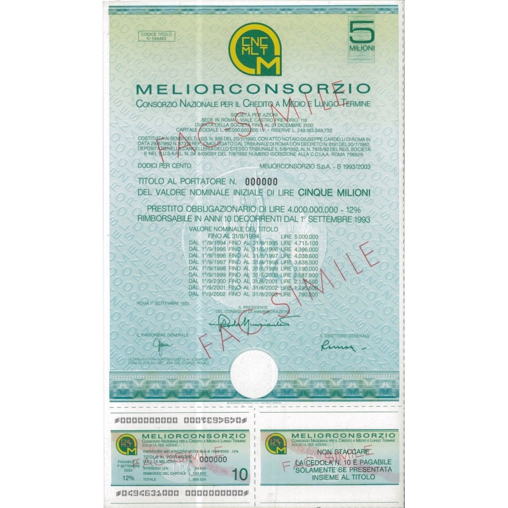 MELIORCONSORZIO - OBBLIGAZIONI 5% - ROMA 1993