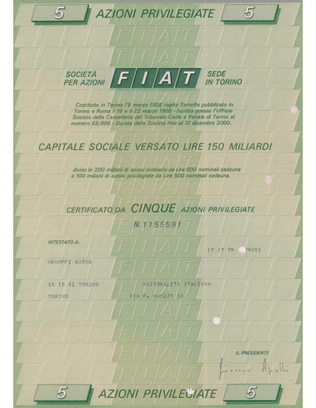 FIAT 5 AZIONI PRIVILEGIATE TORINO 1972
