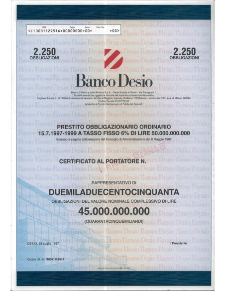 BANCO DESIO - 2250 OBBLIGAZIONI DESIO 1997