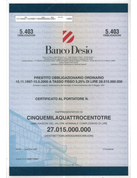 BANCO DESIO - 5403 OBBLIGAZIONI DESIO 1997